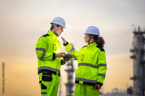 Industrial Engineers Discussing Project Plans at Sunset in Front of a Chemical or Refinery Plant, Multicultural Safety Supervisors Reviewing Data on Tablet at a High-Risk Facility