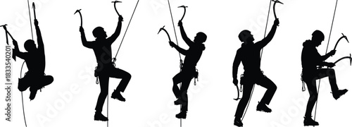 Mountaineering Ice Climbing Silhouette Vector Set, Alpinist Ascending Steep Mountain Rope Wall with Ice Axe, Adventure Sport Concept, Isolated Black Icons
