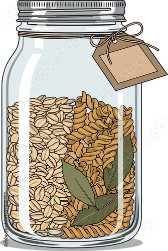 Glass jar with pasta and oats, tied with tag