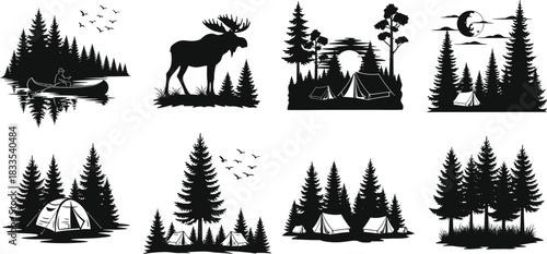 Wilderness camping, forest adventure, moose, canoe, nature landscape, pine trees, outdoor silhouette, black and white vector bundle