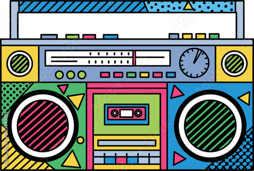 Retro Boombox Cassette Player with Colorful Geometric Patterns