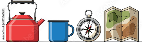 Camping Essentials: Kettle, Mug, Compass, and Map