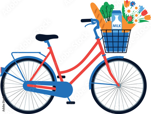 Red bicycle with groceries and flowers in basket