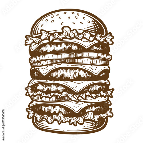 Detailed sketch vintage illustration of a delicious multilayer burger with fresh ingredients