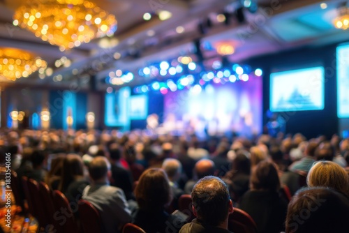 Audience watching a brightly lit stage presentation in a large venue.