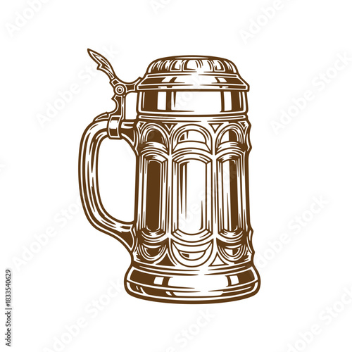Detailed vintage sketch of a traditional german beer stein isolated on white background