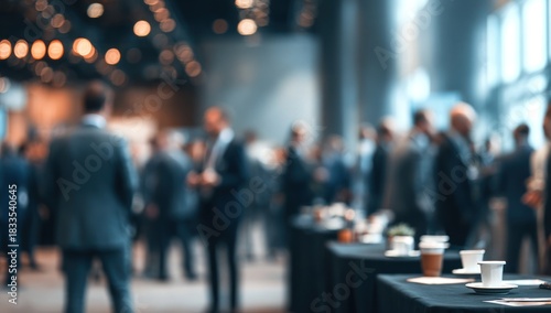 Blurred business people networking indoors with coffee cups on tables.