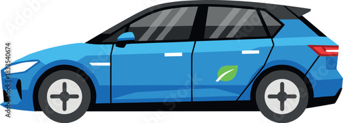 Blue electric car with green leaf symbol