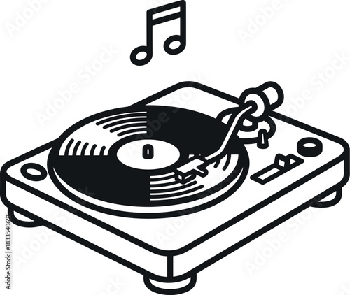 Turntable playing vinyl record with music note