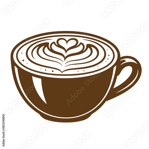Elegant latte art in a brown coffee cup a vintage sketch style illustration