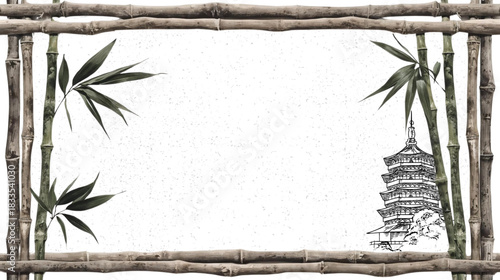 Zen Bamboo Frame With Pagoda Sketch On A White Textured Background Evoking Tranquility And Natural
