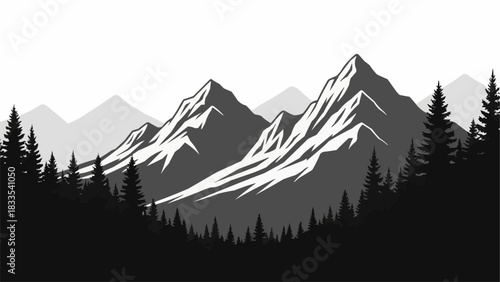 Majestic mountain range silhouette with detailed peaks and evergreen forest foreground.