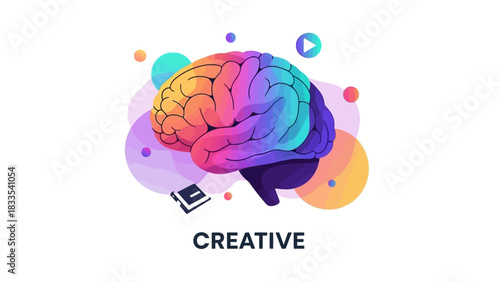 Vibrant and colorful illustration of a human brain, symbolizing creativity, innovation, and diverse mental processes, set against an abstract background with media elements.