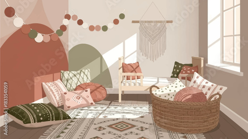 A cozy bohemian-style room with earthy tones, numerous pillows, a patterned rug, and a macrame wall hanging, bathed in sunlight.