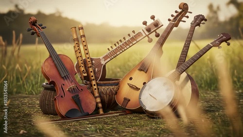Assortment of string and wind musical instruments resting in tall grass outdoors