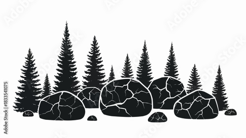 Forest landscape with pine trees and cracked rocks.
