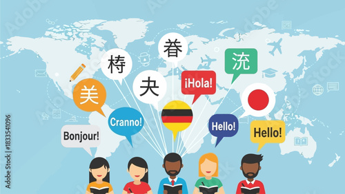 Diverse group of people learning various languages from around the world, depicted with speech bubbles and a global map background.
