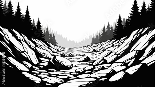 A stark black and white illustration of a rocky riverbed path.