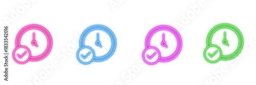 Neon glowing clock with checkmark vector icons set, time management, scheduled, completed, approved, productivity, vibrant colorful digital design illustration on transparent background.
