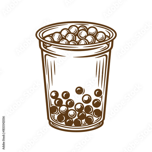 Hand drawn sketch vintage style illustration of a refreshing bubble tea drink in a plastic cup