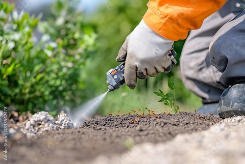 A person spraying plants in a garden for pest control or irrigation.