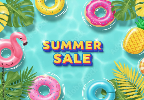 Summer sale advertisement featuring inflatable donuts, a flamingo, pineapple, and tropical leaves floating on a blue water background.