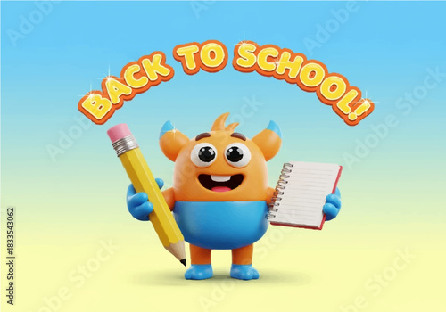 Cheerful cartoon monster holding a pencil and notebook, celebrating the start of school.
