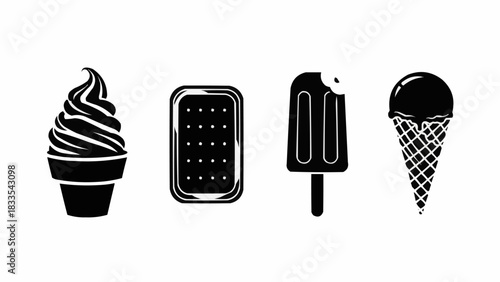 Ice cream treats and desserts in black and white silhouette.