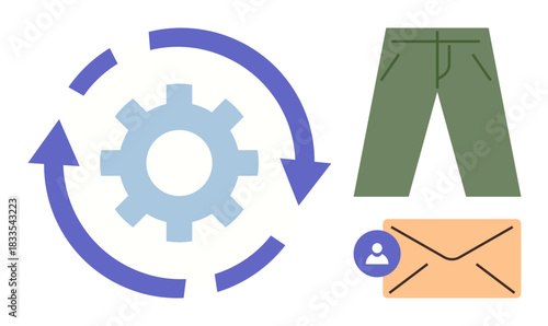 Gear and arrows show progress, green pants suggest eco-thinking, envelope implies communication. Ideal for sustainability, clothing recycling, process optimization, efficiency, eco-fashion