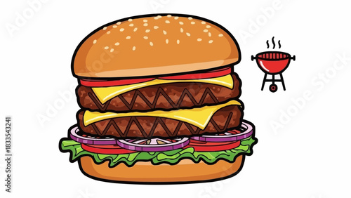 Delicious Double Cheeseburger with Fresh Toppings and Grill Icon.