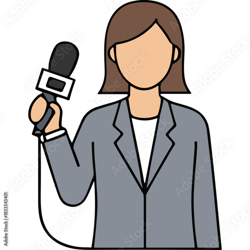 Professional Woman in Gray Blazer Holding Microphone for Interview On White Background Representing Journalism and Broadcasting Profession