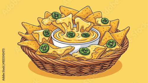 Delicious nachos with cheese and jalapenos in a basket.