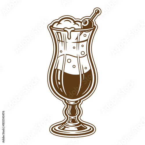 Vintage hand drawn illustration of a coffee cocktail with cherry garnish and foam in glass