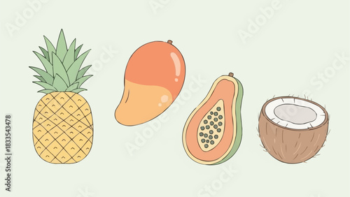 A collection of tropical fruits including pineapple mango papaya and coconut.