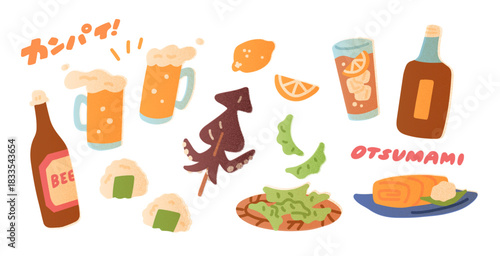 飲み会や居酒屋のビールやハイボールなどのお酒と枝豆などのおつまみのベクター手描きイラスト素材セット Japanese Izakaya Drinks and Snacks Hand-Drawn Vector Illustration Set.