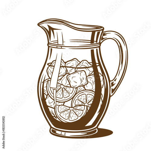 Vintage sketch illustration of a glass pitcher filled with lemon slices and ice cubes