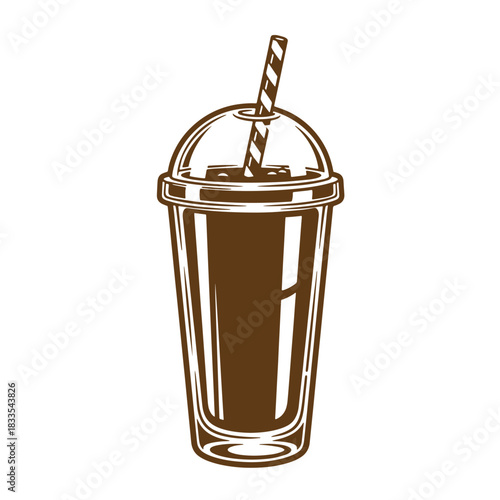 Vintage sketch illustration of a iced coffee drink with straw in a clear cup