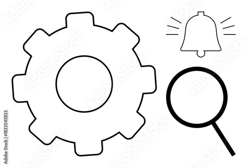 Gear, magnifying glass, and bell outline icons representing settings, search, and notifications. Ideal for tech interfaces, organization, alerts, focus exploration minimalist communication simple