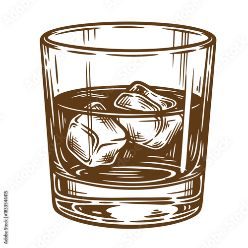 Whiskey with ice cubes illustration sketch vintage style alcoholic beverage drink