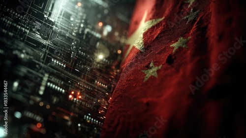 A close-up view combining a circuit board pattern with the Chinese flag, symbolizing the intersection of technology and national identity.