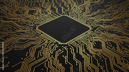 Golden circuit board on black background
