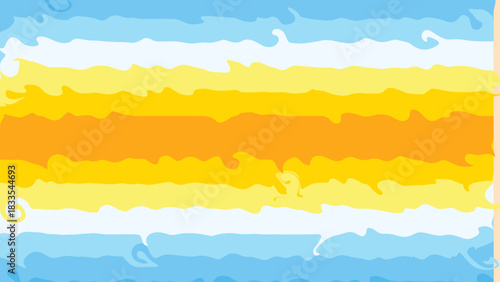 Horizontal abstract pattern featuring fluid, wavy bands of bright yellow and orange separated by white and light blue layers, evoking themes of water, summer, and vibrant energy