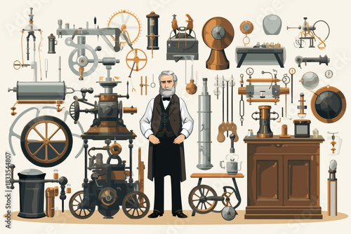 Victorian Inventors Workshop with Steampunk Gadgets isolated
