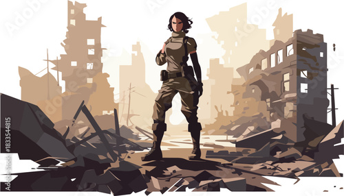 woman soldier in ruined cityflat minimal isolated