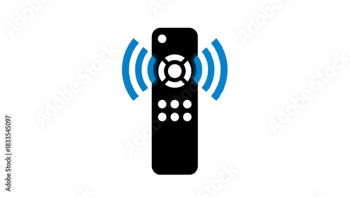 Vector illustration of black silhouette icon of a remote control sending wireless signal waves, isolated on transparent background