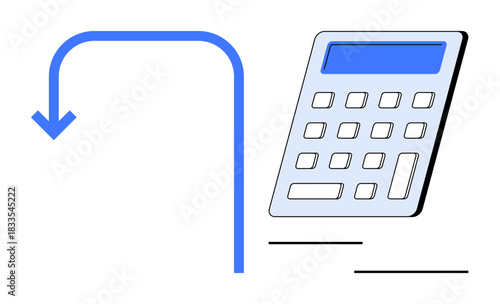 Finance, budgeting, calculations, accounting, data entry, planning. Blue arrow and digital calculator. Finance and budgeting with modern graphics in a professional style