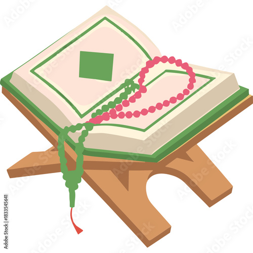 Sacred Holy Book Open On A Wooden Stand With Pink And Green Prayer Beads Ready For Devotion And Reflection In A Peaceful Setting