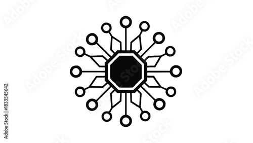 Vector illustration of black and white line art icon representing a central processing unit or microchip with radiating connections isolated on transparent background