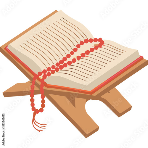 Sacred Islamic Book Open On A Wooden Stand With Red Prayer Beads Spread Across Pages Warm Light Illuminating Holy Text And Wooden Texture Detailed Worship Object