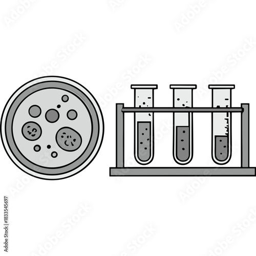 Scientific Laboratory Equipment With Petri Dish Containing Cultures And Test Tubes In A Rack On Black Background Vector Illustration